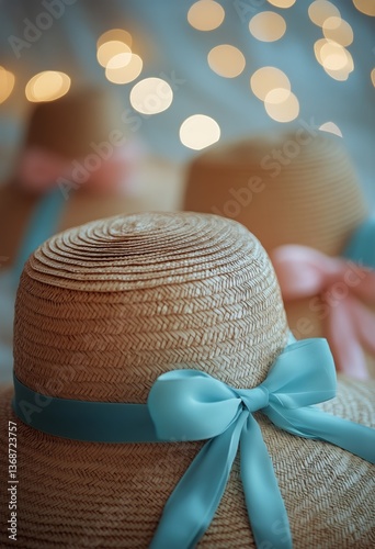 Colorful Straw Hats With Bows Displayed Against a Blurred Background of Glowi...