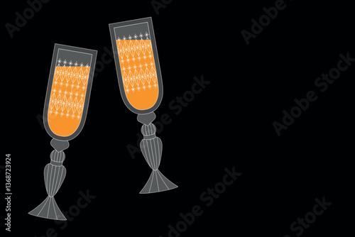 Vector banner with champagne glasses. Two crystal glasses filled with champagne on a black background. Abstract geometric illustration in flat style with space for text.