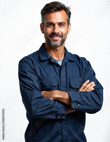 Technical man with folded arms smiles. Mechanic wear blue uniform on white background. Cheerful expert, engineer in workwear in studio. Professional, job occupation, repair service.