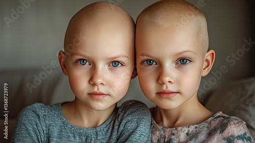 Portrait of two bald cute little sisters looking at the camera symbolizing World Cancer Day. Healthcare and medicine concept.