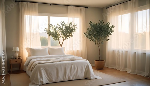 A cozy bedroom with neutral tones and natural light filtering through