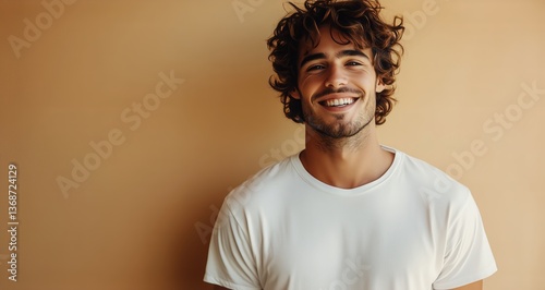Smiling Young Man With Curly Hair Standing Against a Beige Wall in Casual Whi...