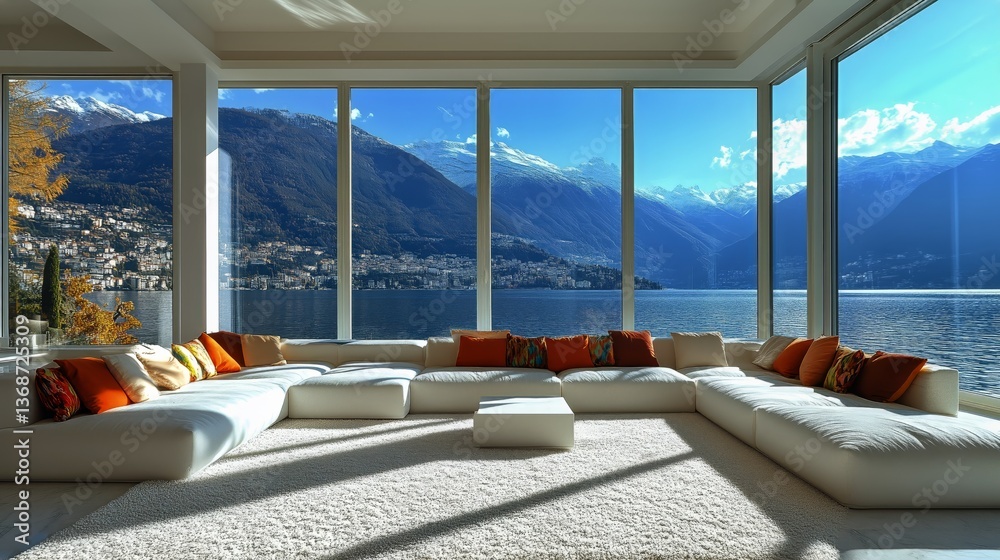 Fototapeta premium Cozy Modern Living Room With Lake View and Snowy Mountains in Winter