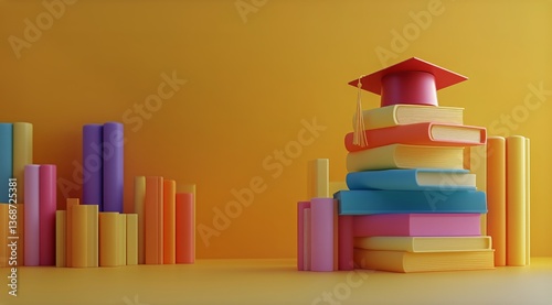 Colorful Stack of Books With Graduation Cap and Decorative Paper Elements on ...