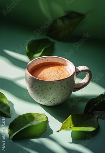 Warm Cup of Coffee Resting on a Saucer Surrounded by Natural Greenery and Sof...