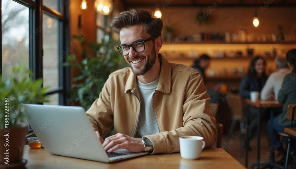 Young freelancer works cafe. Smiling man using laptop, drinking coffee. Male entrepreneur, eyeglasses, casual wear, remote job. Business, modern tech, cyberspace, success, startup concept. Young freelancer works cafe. Smiling man using laptop, drinking coffee. Male entrepreneur, eyeglasses, casual wear, remote job. Business, modern tech, cyberspace, success, startup concept.