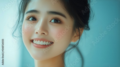 Smiling Young Woman With Glowing Skin Posed Against a Blue Background Showcas...