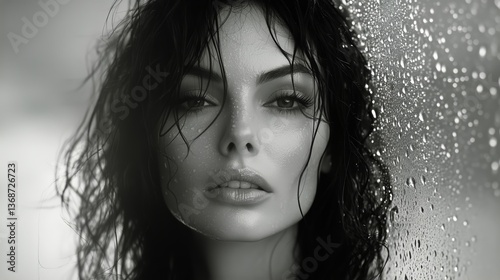 Captivating Close-Up Portrait of a Young Woman With Wet Hair Against a Rainy ...