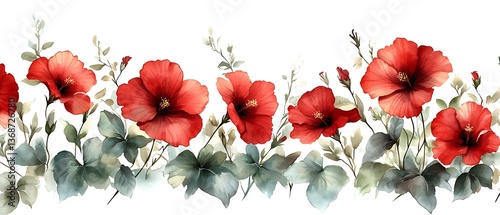 Watercolor red flowers border.