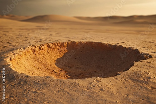 A desolate, sandy landscape features a deep, circular crater with visible layers, evoking a Mars-like or desert environment under a hazy sky.