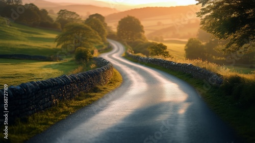 Serene Winding Road in Rural Landscape at Sunset With Golden Light and Lush G...
