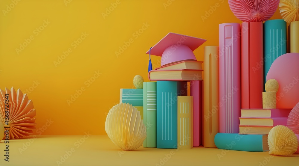 Fototapeta premium Colorful Stack of Books With Graduation Cap and Decorative Paper Elements on Bright Yellow Background