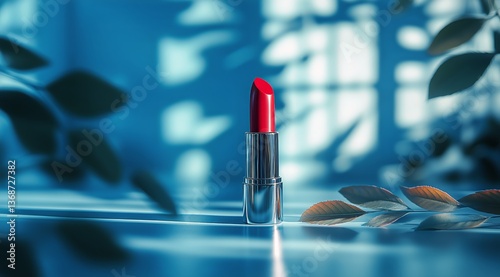Bright Red Lipstick Stands out Against a Blue Background With Tropical Leaves...