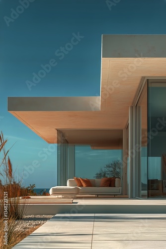 Modern Architectural Design of a House Against a Sunset Sky Outside a Tranqui...