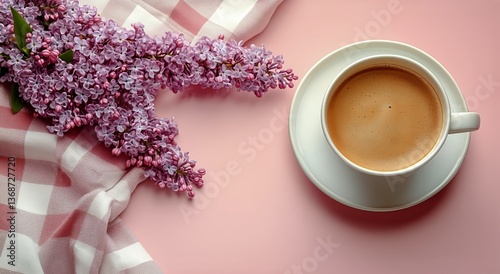 Coffee Cup Surrounded by Lilac Flowers on a Pink Background With a Checkered ...