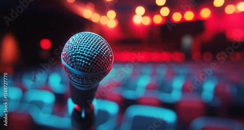 Microphone Positioned in an Empty Theater Ready for a Live Performance at Night