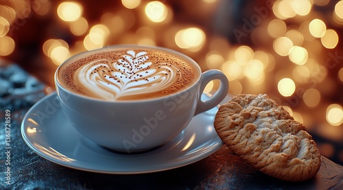 Cozy Coffee Cup With Latte Art and Cookie at Holiday Gathering in Intimate Se...