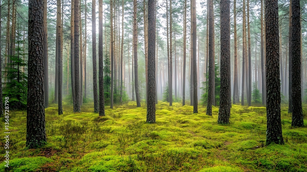 Fototapeta premium A quiet forest wrapped in mist, with pine trees rising high and moss blanketing the ground.
