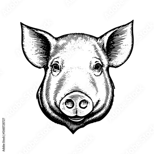 Pig Head Looking Straight Vintage Woodcut Style Against White Background