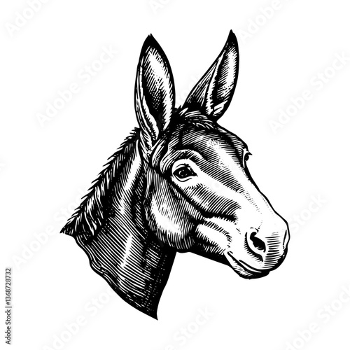 Donkey Head Profile View Calm Vintage Woodcut Style Illustration