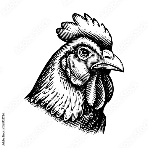 Rooster Head Profile View Detailed Vintage Woodcut Style Illustration