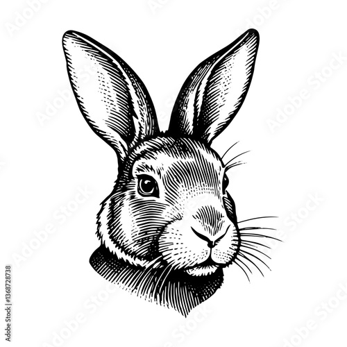 Rabbit Head Forward Facing Vintage Woodcut Style Illustration