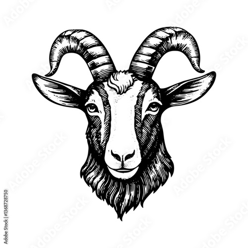 Goat Head Curved Horns Vintage Woodcut Style Illustration Close-Up