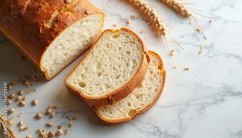 Freshly baked bread loaf cut slices ready to eat. Bakery product, white sourdough with golden crust, grains on white marble table. Healthy breakfast or lunch. Rustic kitchen cooking.