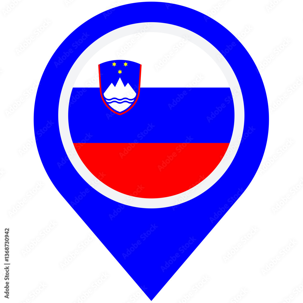 Fototapeta premium A vibrant Slovenian flag proudly displayed on a map marker, symbolizing national pride and location, in a bold blue circle design.