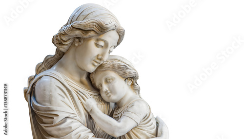 A mother and child made of marble stone hugging isolated on transparent background. Motherhood and family concept