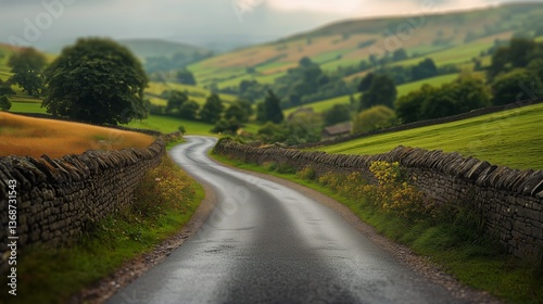 Serene Winding Road in Rural Landscape at Sunset With Golden Light and Lush G...