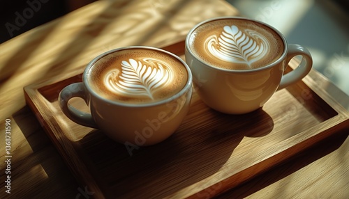 Two Beautifully Crafted Cups of Coffee Served on a Wooden Tray in a Cozy Cafe...