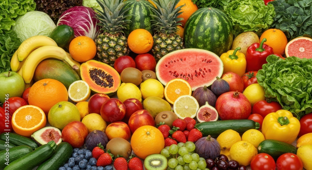 Assorted fresh ripe fruits and vegetables. Watermelons, apples, oranges, lemons. Food concept background. Assorted fresh ripe fruits and vegetables. Watermelons, apples, oranges, lemons. Food concept background.