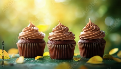 Delicious Chocolate Cupcakes Topped With Creamy Frosting on a Bright Autumn Day