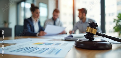 Business meeting with lawyers. People analyze financial data and consult law. Wooden gavel in focus as symbol of justice. Legal advice and paperwork in office.