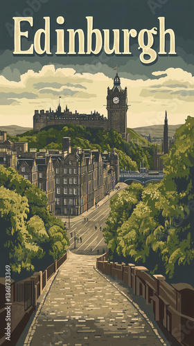 Vintage Flat Vector Poster of Edinburgh with Edinburgh Castle