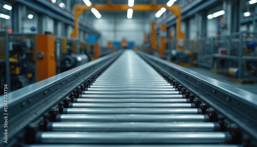 Fototapeta premium Empty industrial production line in factory. Conveyor belt, assembly line, warehouse storage, manufacturing concept. No products on line. Factories shutdown, business halted, supply chain issues,