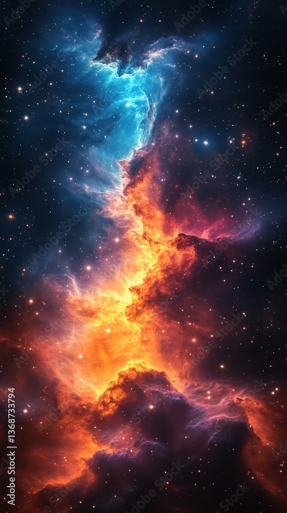 Fototapeta premium Vibrant cosmic cloud with bursts of orange and blue light against a starry backdrop