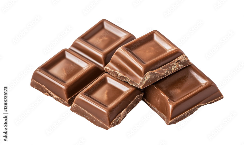 Milk chocolate squares stacked, close-up, transparent background, for ads or packaging Milk chocolate squares stacked, close-up, transparent background, for ads or packaging