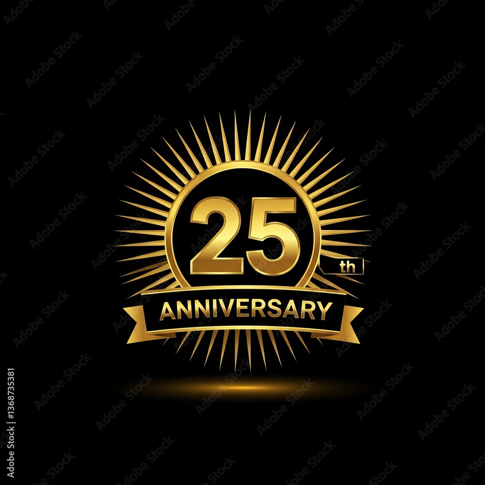 Golden 25th anniversary celebration design with radiant sunburst