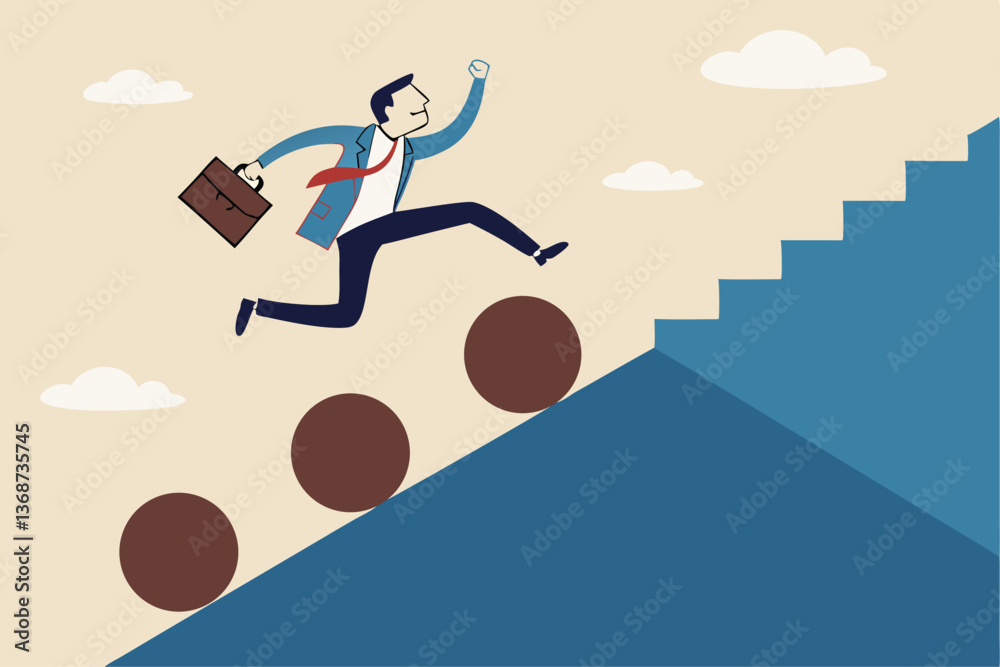 Overcome obstacle, effort or adversity for business growth, difficulty, challenge to win competition, skill or leadership concept, businessman jump over falling boulder to climb up stair of success. Overcome obstacle, effort or adversity for business growth, difficulty, challenge to win competition, skill or leadership concept, businessman jump over falling boulder to climb up stair of success.