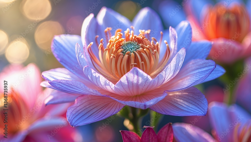 Naklejka premium Close-up of a beautiful pink lotus flower with bokeh. Detailed petals and vibrant colors