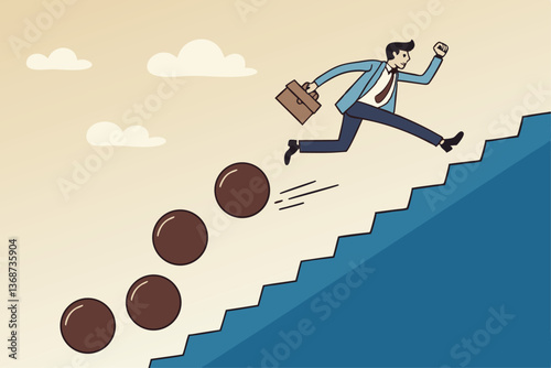 Overcome obstacle, effort or adversity for business growth, difficulty, challenge to win competition, skill or leadership concept, businessman jump over falling boulder to climb up stair of success.
