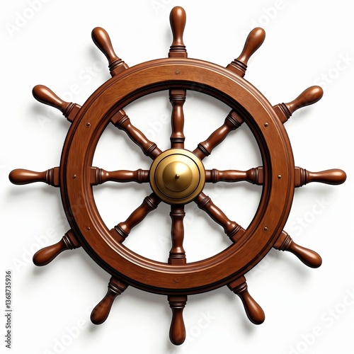 Illustration features isolated vintage wooden ship steering wheel with brass elements. Old helm on white background. Nautical concept, maritime travel. Classic design, navigation equipment. Ideal for