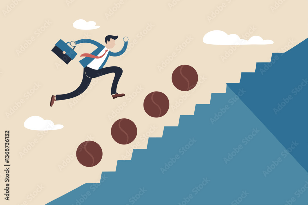 Overcome obstacle, effort or adversity for business growth, difficulty, challenge to win competition, skill or leadership concept, businessman jump over falling boulder to climb up stair of success. Overcome obstacle, effort or adversity for business growth, difficulty, challenge to win competition, skill or leadership concept, businessman jump over falling boulder to climb up stair of success.