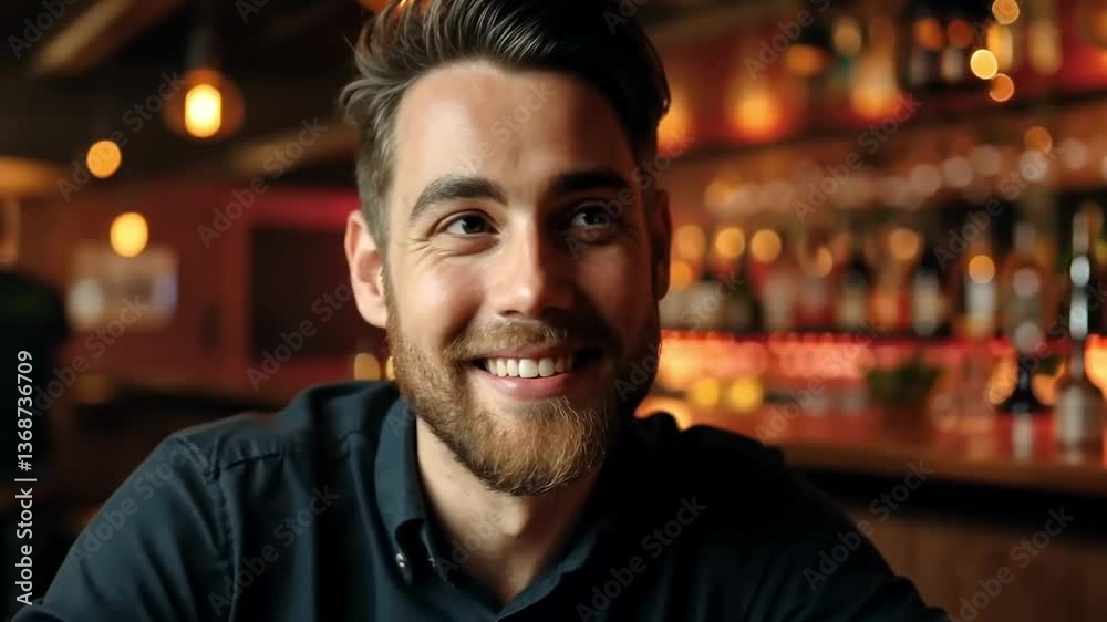 Happy moment in a cozy bar with smiling bearded man enjoying the atmosphere Happy moment in a cozy bar with smiling bearded man enjoying the atmosphere