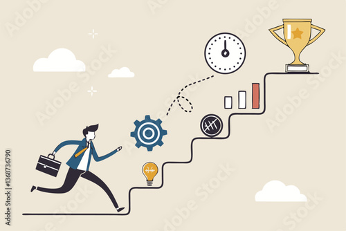 Skill development for career growth to success, leadership ladder or job improvement, experience or motivation to succeed concept, businessman climb up stair of working skill to reach winning trophy.