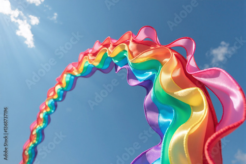 A mesmerizing sculptural installation featuring a sinuous ribbon flowing with vivid rainbow colors, elegantly curving against a pristine blue sky. This dynamic artwork represents unity, freedom of exp
