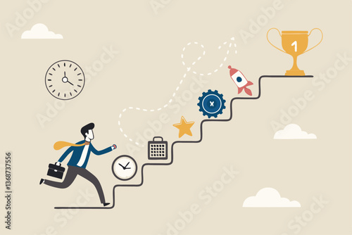 Skill development for career growth to success, leadership ladder or job improvement, experience or motivation to succeed concept, businessman climb up stair of working skill to reach winning trophy.