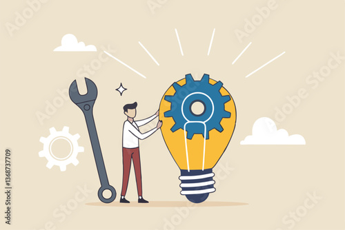 Innovation or product development, idea or solution to solve business problem, invention or technology creation to build new product, efficiency concept, businessman build gear in lightbulb idea.